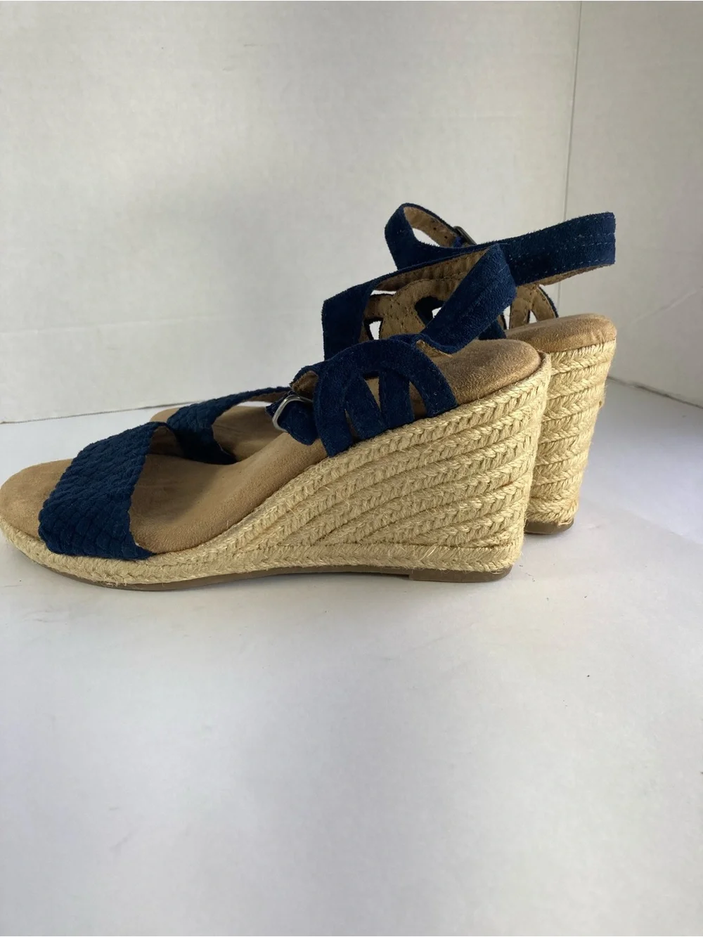 Sonoma womens straw woven wedge heel slingback sandals navy/tan US size 8 M